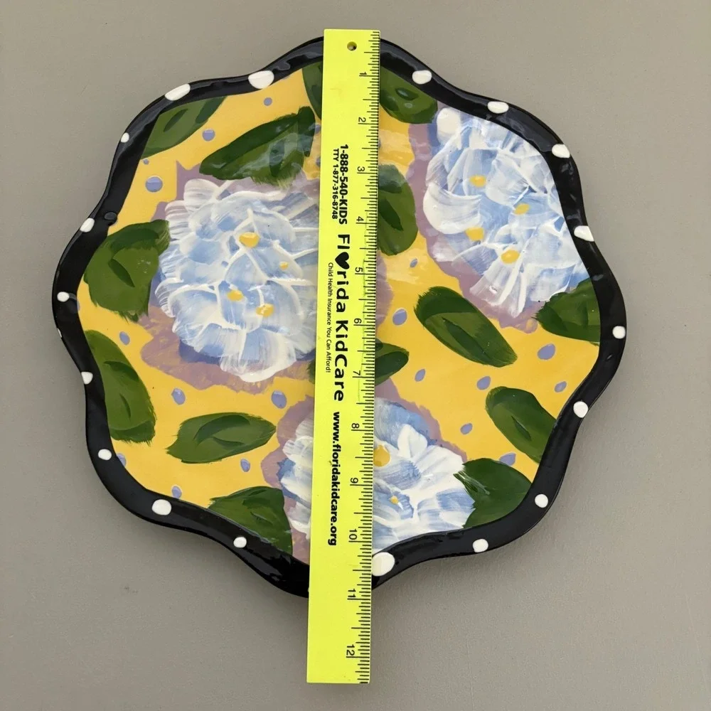 Hand Painted Ceramic Floral Scalloped Plate Blue Hydrangea Yellow Black 11 Inch